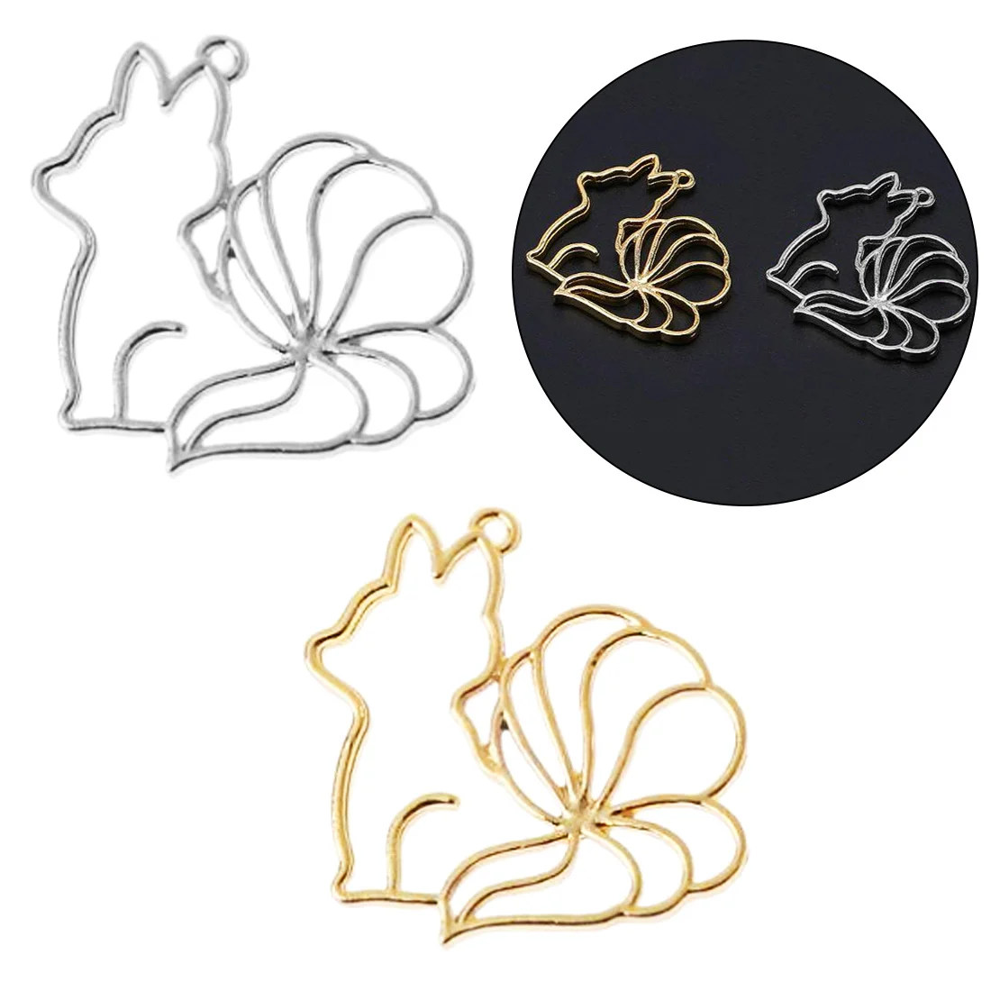 

Jiuwei fox and meteor cats shape Metal Frame Pendant Gold Charm Bezel Setting Cabochon Setting UV Resin Charm