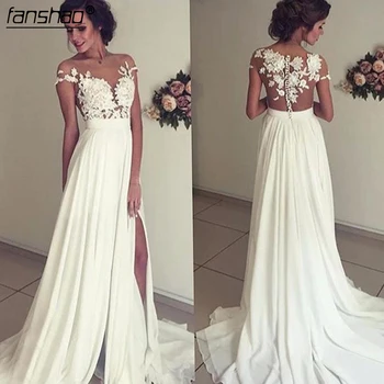 

Vintage Chiffon Beach Wedding Dress 2019 Summer White Cap Sleeves V Neckline Fitted Split Boho Bridal Gowns Robe De Mariage
