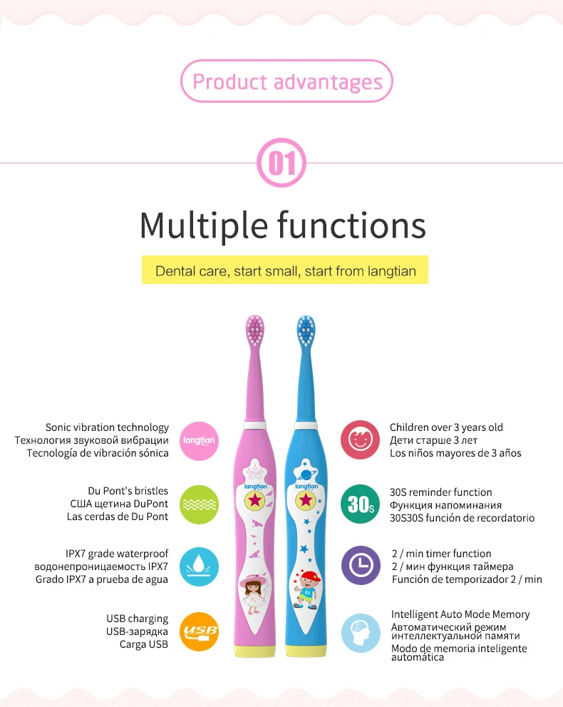 LANGTIAN музыкальная детская электрическая зубная щетка, зубная электрическая Чистящая Щетка для детей, ультра звуковая перезаряжаемая зубная щетка, Детская звуковая зубная щетка