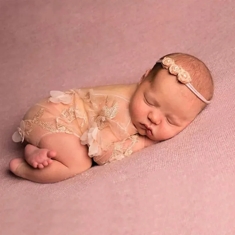 

Gauze three-dimensional petal khaki long sleeve lace jumpsuit newborn photography props full moon photo costumes baby cloth