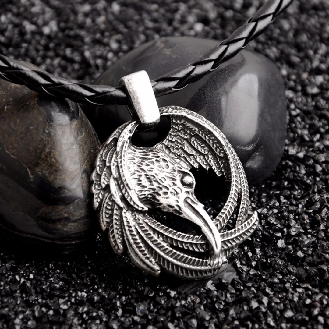 Nordic Viking Raven Crow Head Pendant Mens Black Leather Necklace Gift