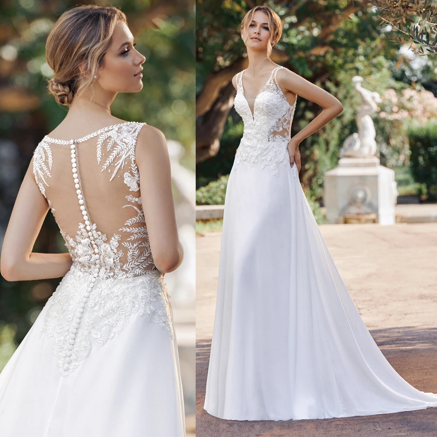 

Chiffon A-Line Spaghetti Straps Embroider Lace Wedding Dress Illusion Back with Button Elegant Bridal Dress vestido de noiva