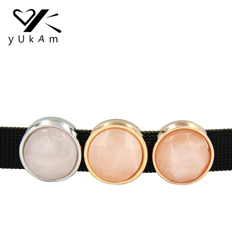 

YUKAM Keeper Keys Natural Round Pink Powder Stones Slider Spacer Charms for 10mm Leather Wrap Charm Bracelet DIY Jewelry Making