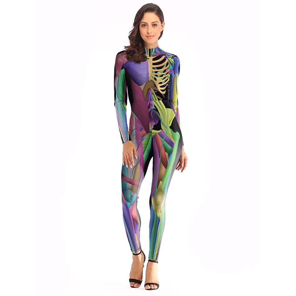 [You're MySecret], страшный сексуальный костюм для женщин на Хэллоуин, фантастический цветной Облегающий комбинезон, вечерние комбинезоны со скелетом - Цвет: B108-011