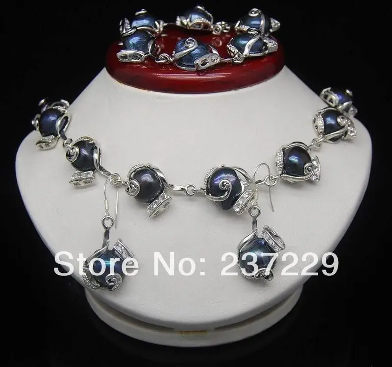 

Wholesale price FREE SHIPPING ^^^^Noble Natural Shape 10-11mm Black Baroque Pearl necklace Bracelets Earring set