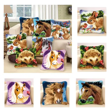

Cartoon Cushion Latch Hook Kit Flannel Pillow Mat DIY Craft Horse Rabbit Cross Stitch Needlework Crocheting Cushion Embroidery