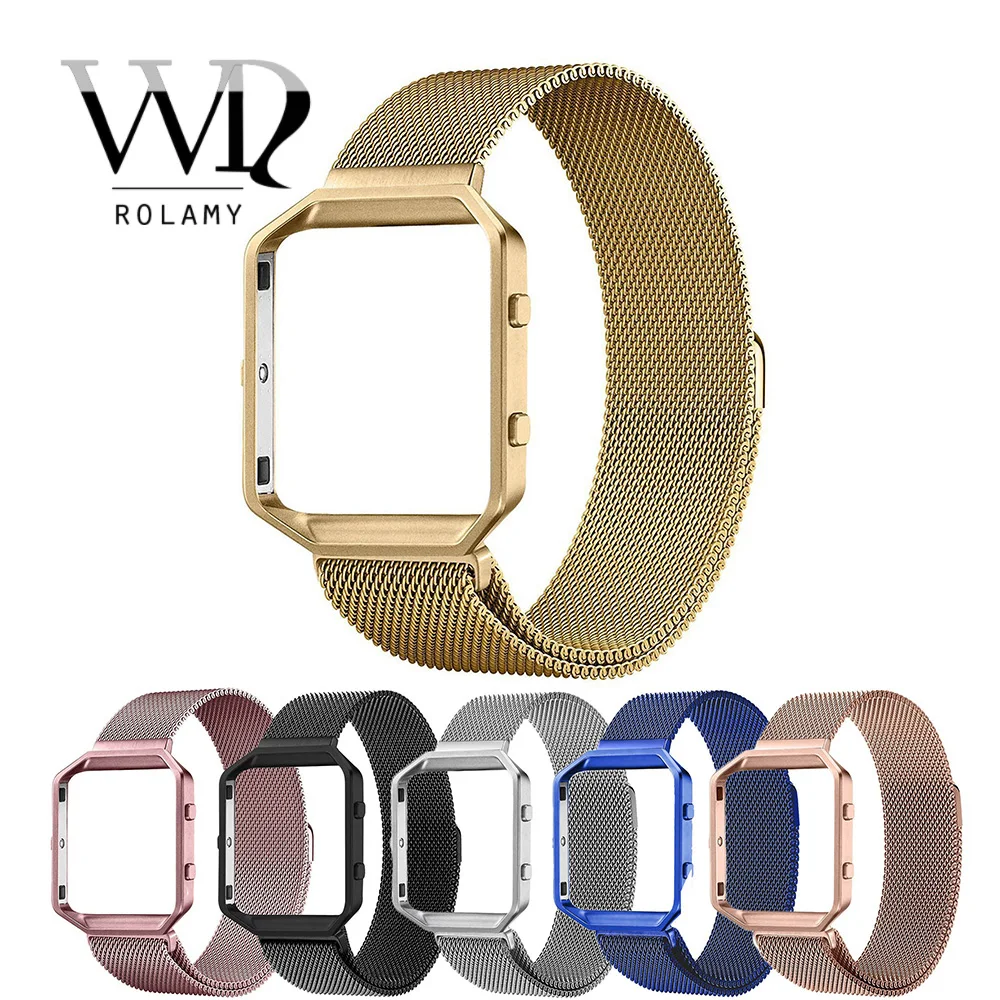 

Rolamy Wholesale Milanese Steel Wrist Watch Band Strap Belt Magnetic Closure with Case Metal Frame For Fitbit Blaze 23 watch