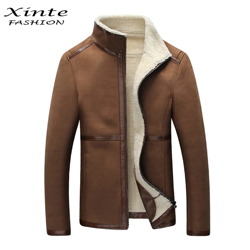 2017 Men Winter Leather Jacket Coat Faux Lambswool Suede Leather