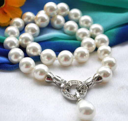 

FREE SHIPPING>>>@@ > N1881 14mm round white SHELL PEARL NECKLACE Drip pendant 17inch