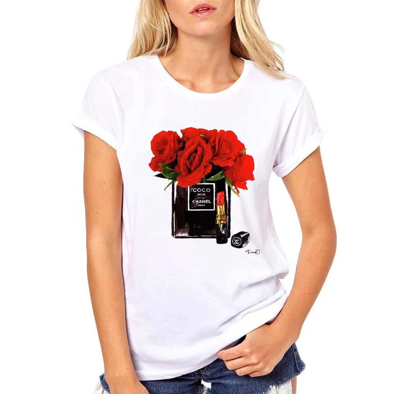

Cncool Perfume Painted Fashion TShirt Women Vogue Style Harajuku Round Neck Loose Casual Tees Summer White Tops Girlfriend Gift