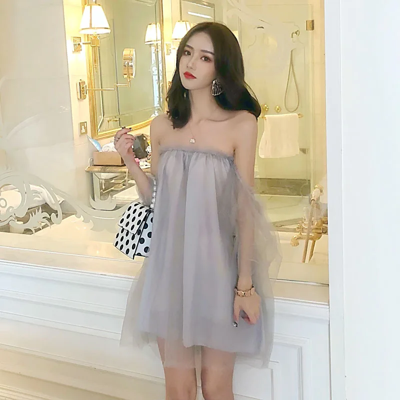 fashion brands mesh Women's Clothing dresses off shoulder slash neck mini-dress woman Korean summer sweet style 2019 black new