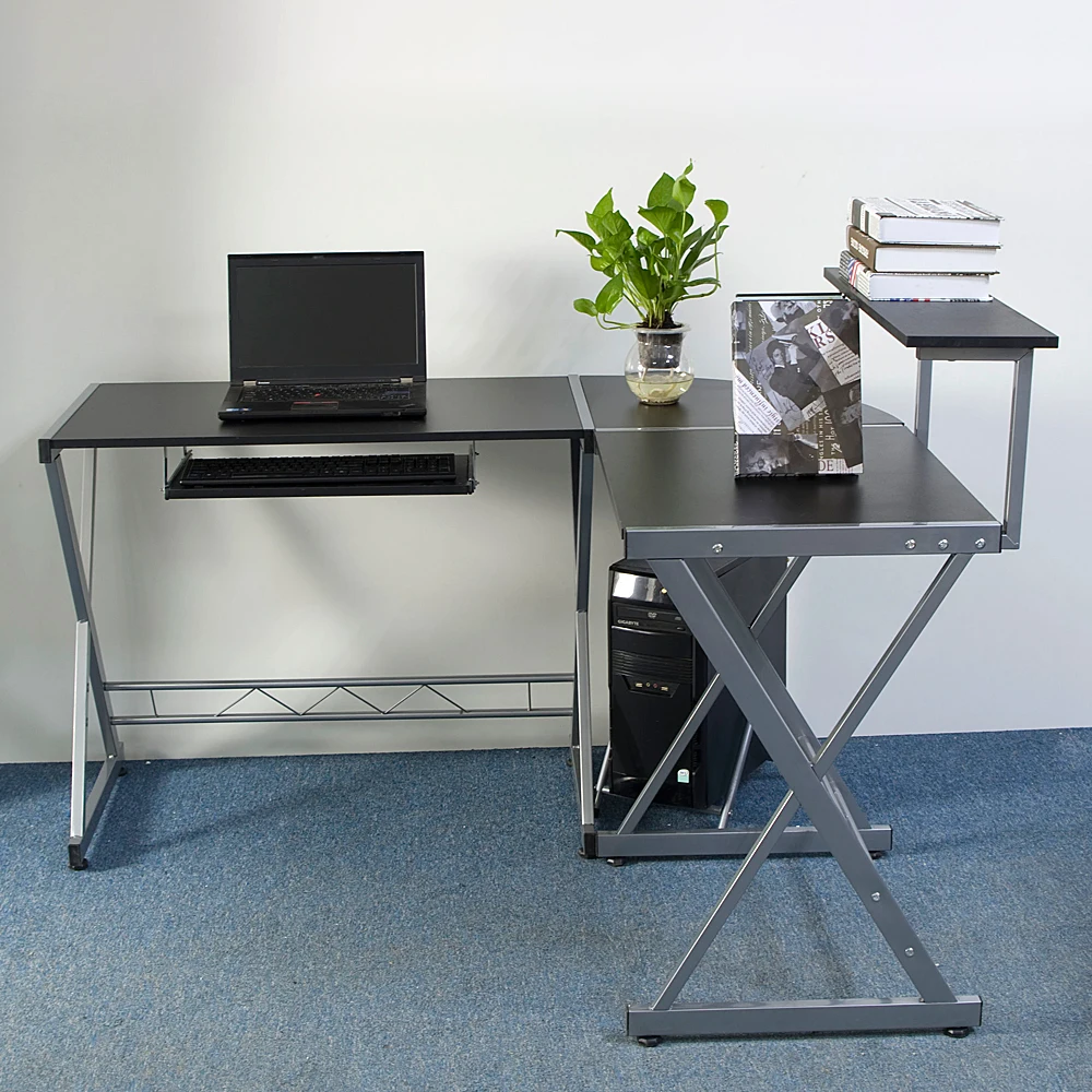 

L-shaped Wooden Computer Desk with Top Shelf Gray Dropshipping