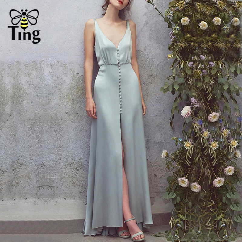 

Tingfly Designer Runway Classic ELegant Satin Maxi Party Dresses Sexy Open V neck Front Singel Breasted Button Slip Long Dress