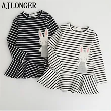 AJLONGER Girl Dress Cotton Autumn Long Sleeve Cartoon Comfortable Dress Girl Dress Striped Rabbit Dress