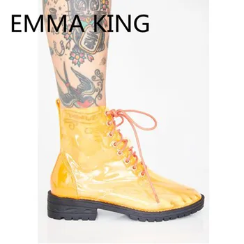

2019 Glitter PVC Transparent Women Rubber Rain Boots Round Toe Lace Up Casual Flats Shoes Woman Fashion Spring Autumn Ankle Boot
