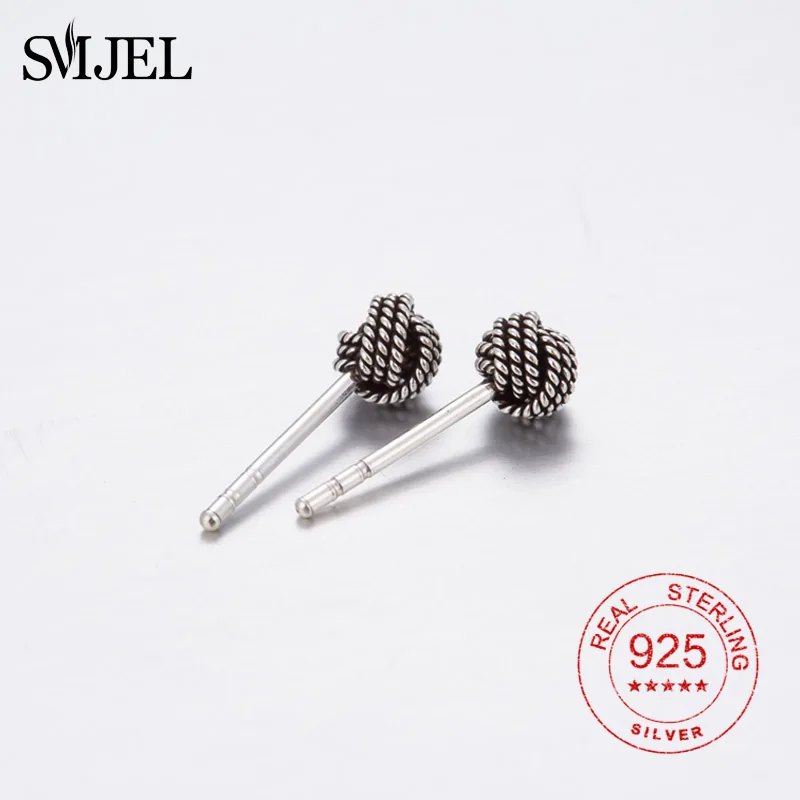 SMJEL Винтаж серьги-гвоздики с узлами для Для женщин 100% 925 пробы дамы бантом геометрический дизайн, округлый, круглый серьги малый Pendients