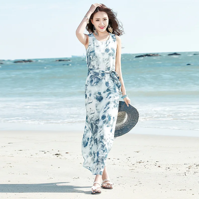 Summer Floral Print Boho Beach Dress Women Long Maxi Sleeveless Party Lace Up Vintage Vestidos S-2XL | Женская одежда