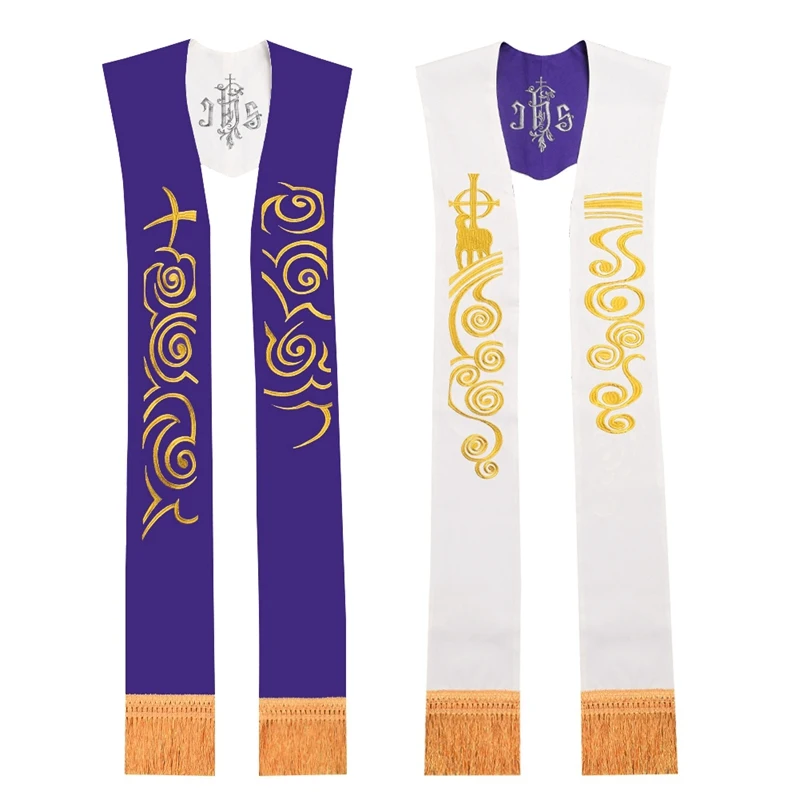 Двусторонний палантин с вышивкой IHS Lamb of God - Цвет: Белый