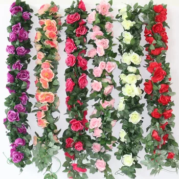 

240cm Artificial Flowers Vine Home Wedding Garden Decor Rattan Rose Fake Flowers Rattan String Festival Hanging Silk flower