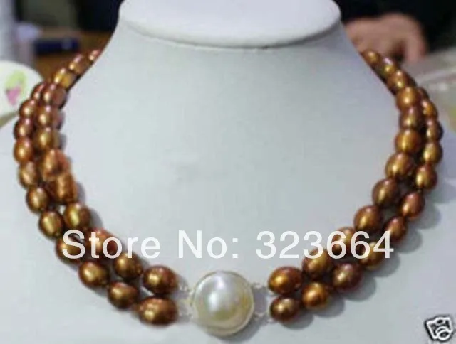 

Excellent 2 Rows Natural Chocolate Rice Pearl Necklace