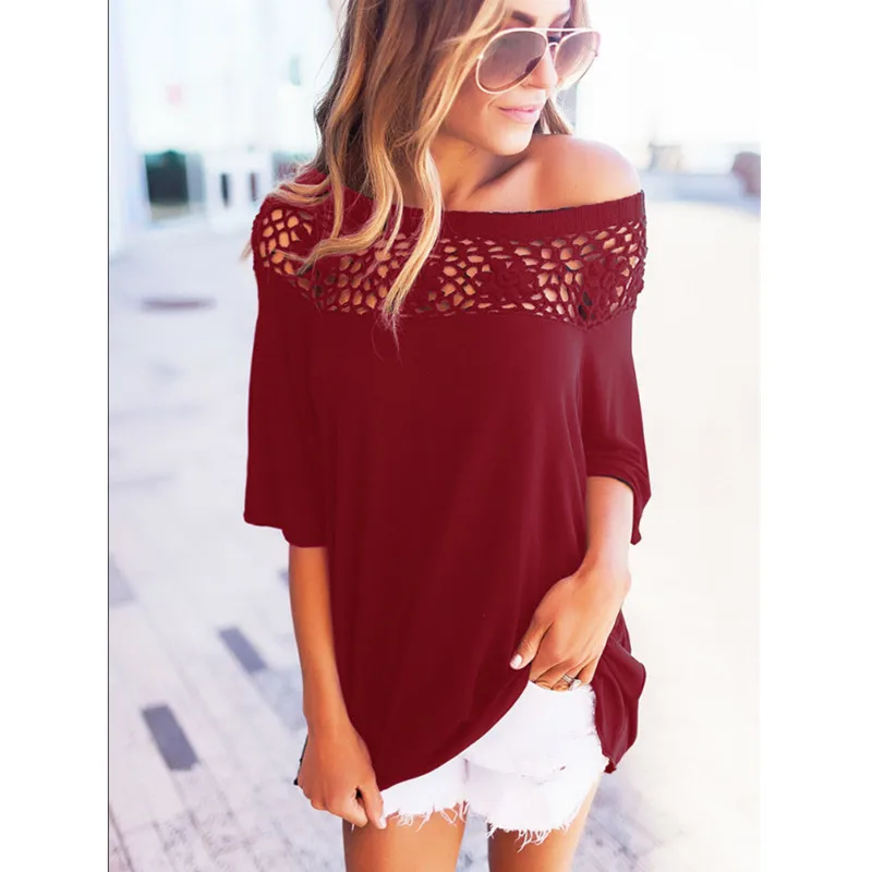 Женская футболка с открытыми плечами кружевные топы коротким рукавом черная