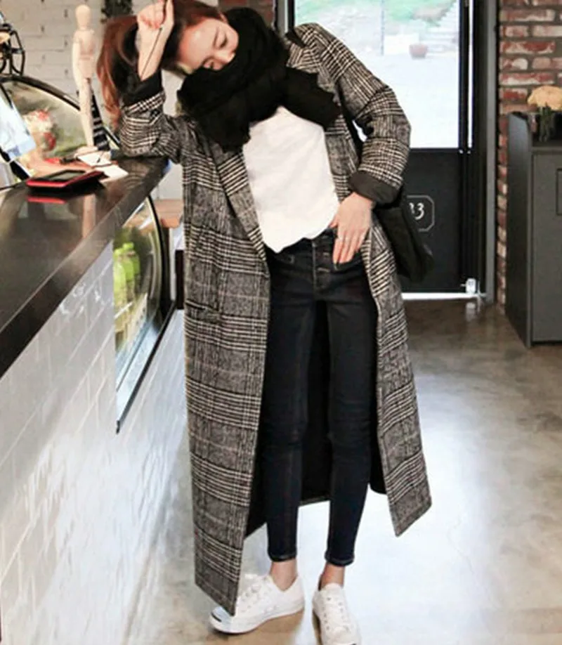 Tweed Long Poule Le 2018 Bas Automne Hiver Chaud Laine Épais Mode Survêtement Plaid Black Femmes Vers Casual Tournent Manteau az1qxzgwcS
