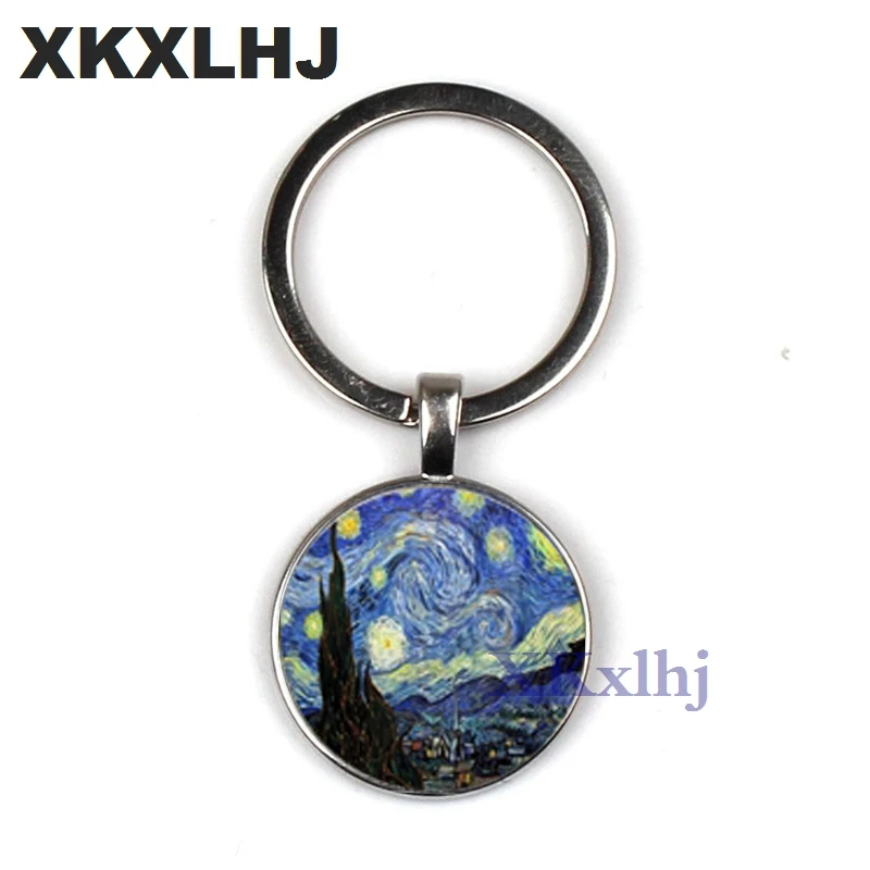 

XKXLHJ 3D Retro Simple Van Gogh Oil Painting Works Series Keychain Starry Night Sunflower Pattern Handmade Key Ring High Quality