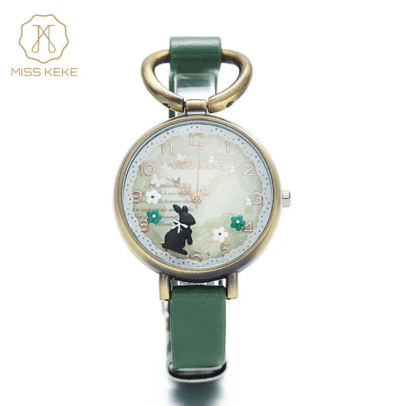 Miss Keke Clay Cute Vintage Retro Rabbit Clock Gold Women Watch Ladies Woman High Quality Leather Rope Quartz Wristwatches 926