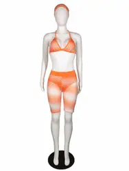 Оранжевый сетки лоскутное бикини 3 предмета Комплект пикантные женские пляжные повязка на голову и Короткий воротник V Neck Crop Top и по колено