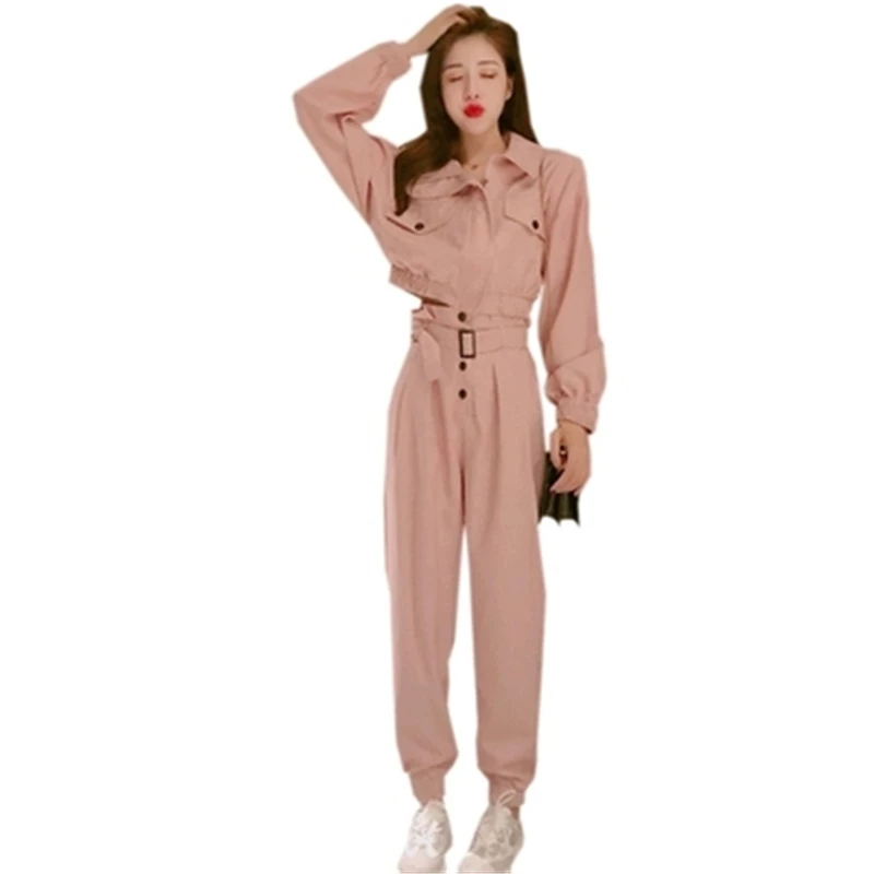 

Women's Suits Spring Autumn Women Two sets Casual Loose Ladies Short Tops and Nine Pants Quality Fashion Belt Female Suit T35