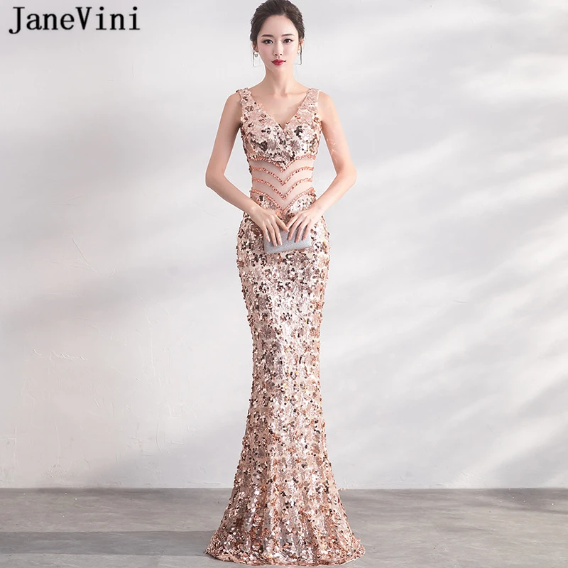 JaneVini 2018 Sparkly розовое золото блестками Длинные пикантные платья подружек невесты с глубоким v-образным вырезом спинки Русалка Пол Длина