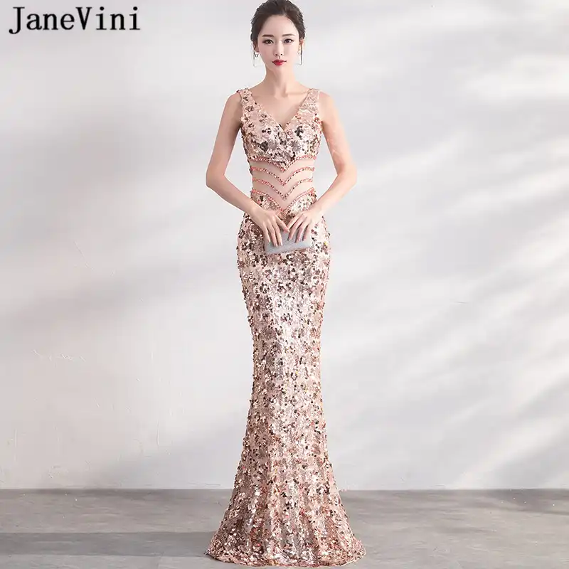 Janevini 2018 Sparkly Rose Gold Sequins Long Bridesmaid