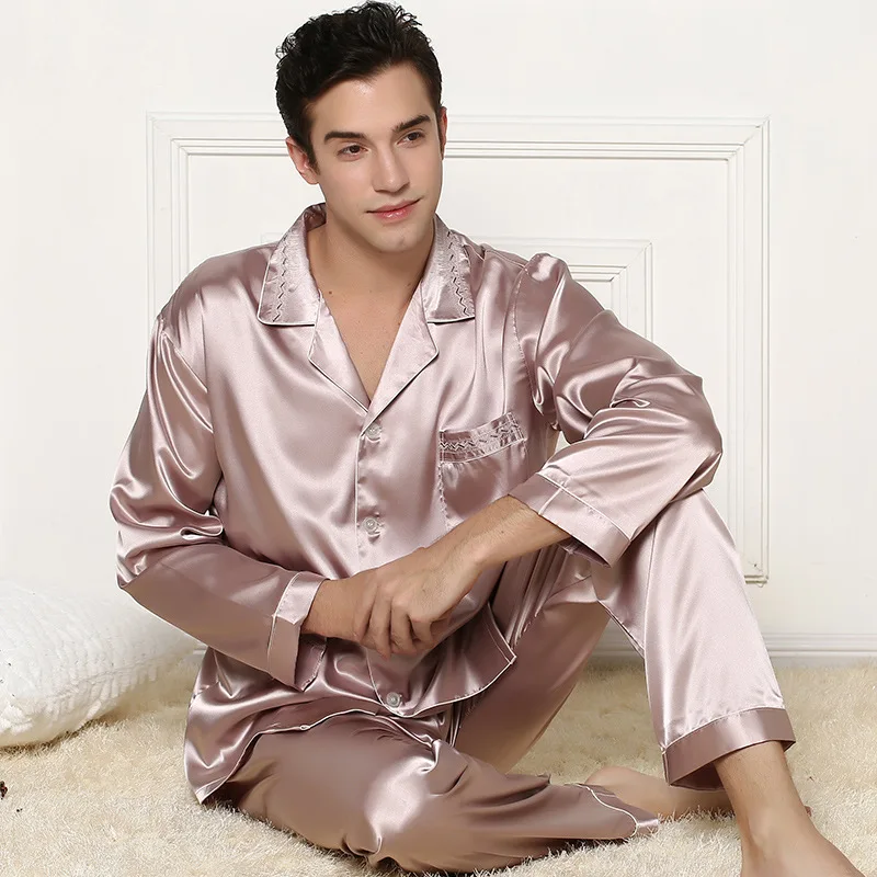 

New Men's Autumn Classic Traditional Stain Silk Pajamas Set Male High-end Bean paste Long-sleeved Trousers Home Sleepwear