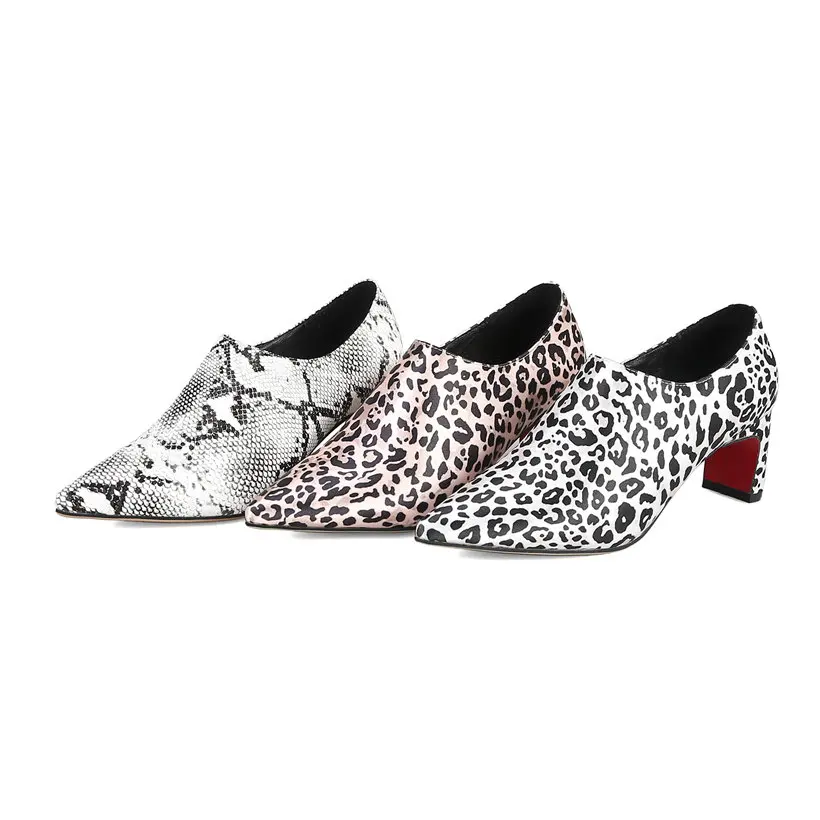 Faux Snakeskin Women Pumps 6cm High Block Heels Red Bottom Pointed Toe White Leopard Casual Party Office Sexy Lady Zipper Loafer