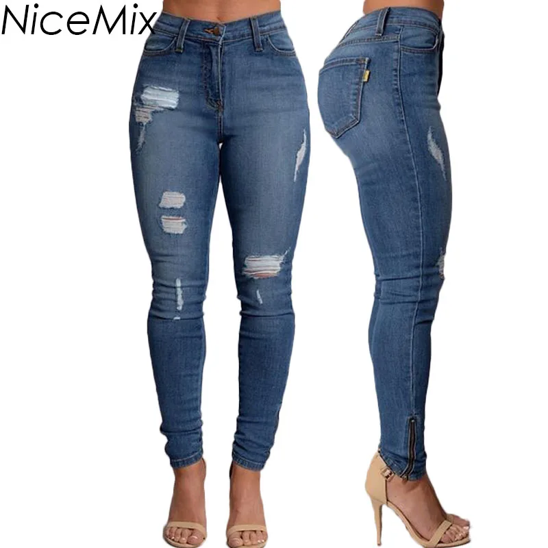 Ladies Stretch Ripped Sexy Skinny Jeans Womens High