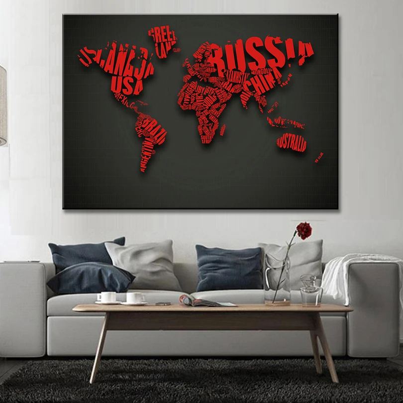 1 Pcs Huge World Maps Canvas Painting Abstract Red Letter Combine