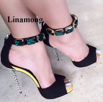 

Newest Colorblock Emerald Simple Fashion Thin High Heel Sexy Women Sandals Rear Zipper Cover Heel Crystal Summer Sexy Sandals