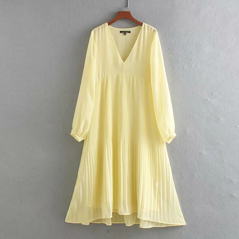 Women's Clothing Dress 2019 Small Pleated V-Neck Long Sleeve Dress Ms Summer Street Sexy Leisure Trend Fashion Clothing
