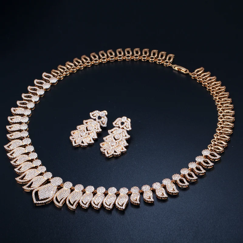 CWWZircons Высокое качество микро проложить кубический цирконий большой африканский Дубай золото ожерелье серьги Ювелирные наборы для женщин Свадебные T238
