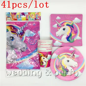 

Party Set 41PCS Unicorn Cartoon theme party Tableware Paper Plate Moana Napkins For Kid Birthday Troll Party Supplies Decoration