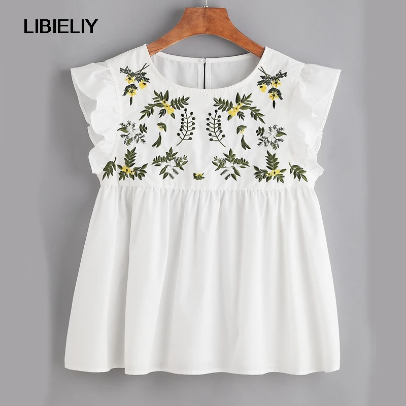 

Flower Embroidered Ruffles Sleeve Babydoll Blouse Women Nice Summer Buttoned Keyhole Blouses Shirts Women Elegant Tops Female