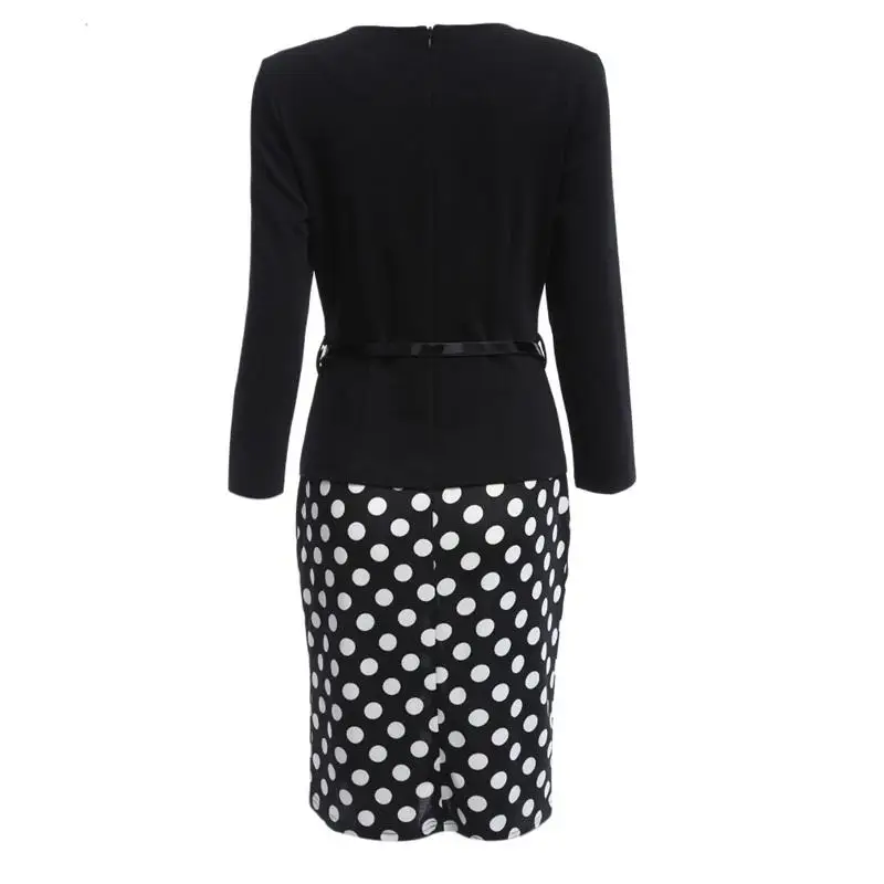 Best OTEN Womens Retro Faux Jacket One Piece Polka Dot Contrast Patchwork Work Wear Office Business Sheath Dress tunic robe crayon