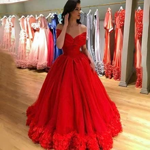 С открытыми плечами длинные красные платья для выпускного Плиссированное бальное платье для девочек в цветочек развертки поезд вечернее, для официальных мероприятий свадебное платье Vestido De Fiesta