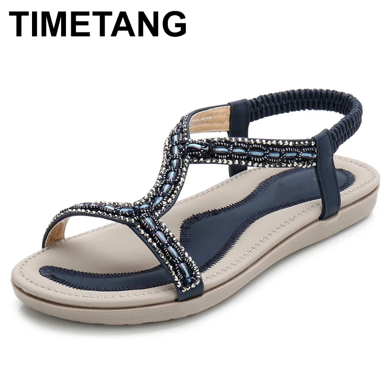 

TIMETANG Summer Women Gladiator Flats Sandals Shoes Woman Casual Bohemia Light Crystal Bead Flip flop Female Beach SandalsE483
