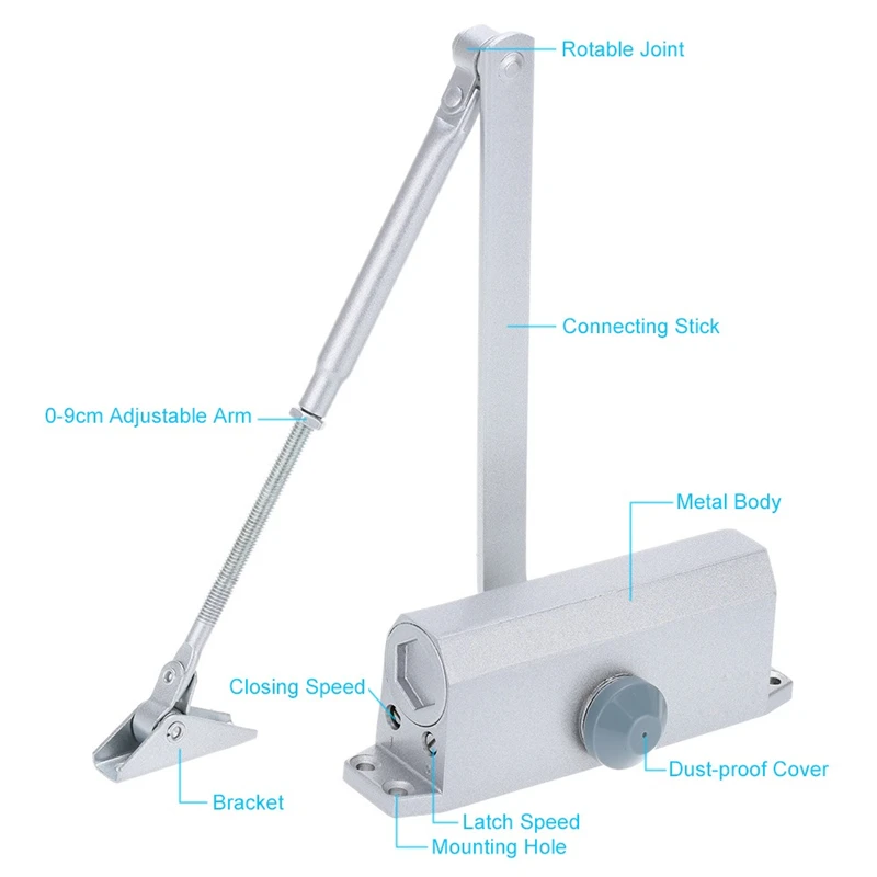 Door Closer Automatic Hydraulic Door Closer Buffer 90 Degree Positioning Adjustable Speed Aluminium Alloy For Left Right Hand Doors 25~45 KG