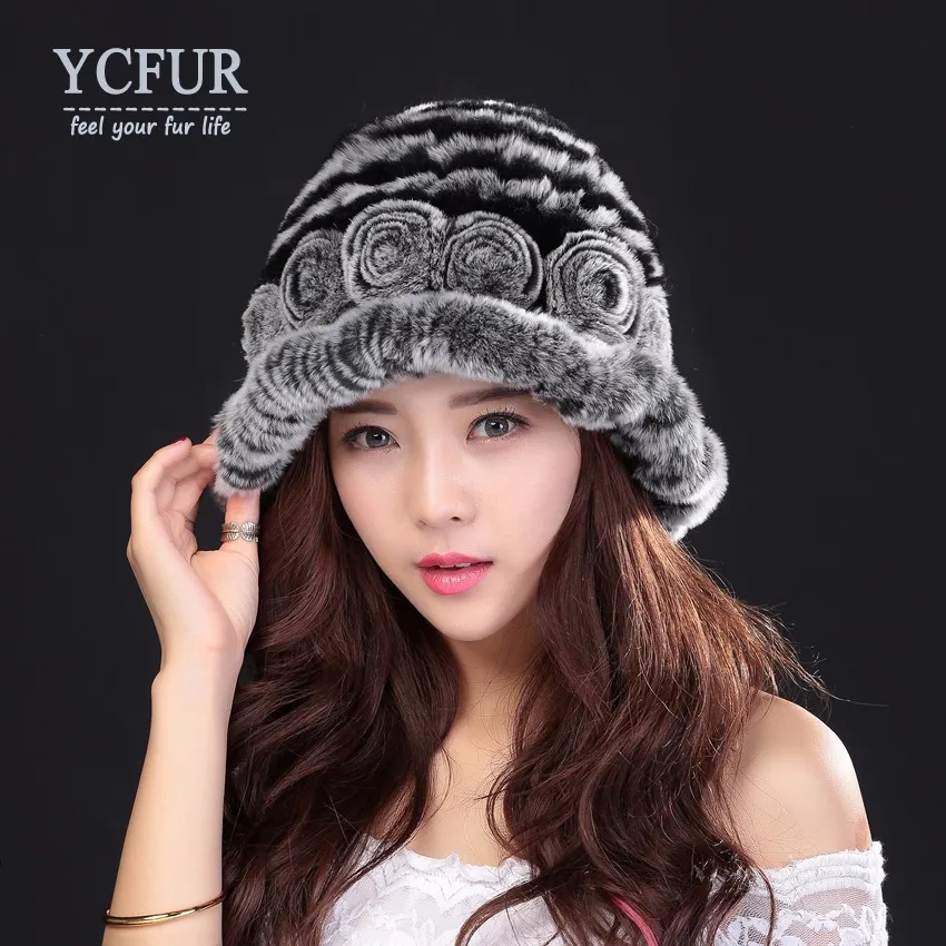 YC Fur, модные женские шапки, теплые зимние вязаные шапки из меха кролика Рекс, шапки с цветами, теплые мягкие береты из натурального меха для женщин