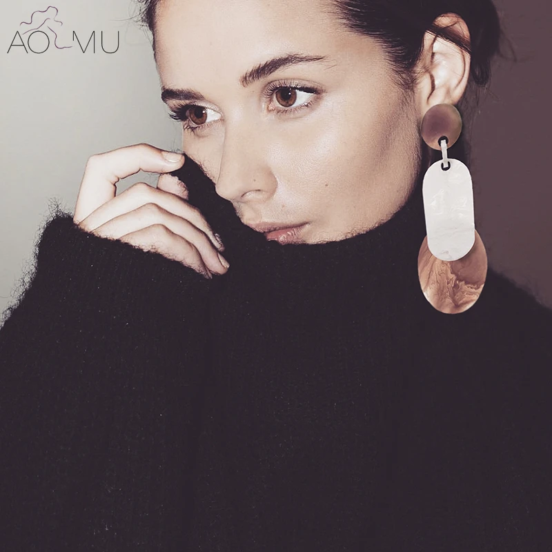 

AOMU Brand Design Big Oval Acrylic Marble Pattern Earrings Women Round Circle Resin Statement Drop Earring Jewelry Brincos