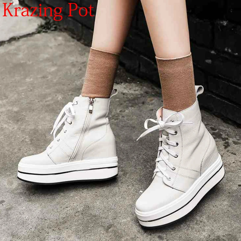 

2018 Superstar Cow Leather Rivets Thick Bottom Fashion Boots Waterproof Increased Winter Shoes Lace Up Casual Ankle Boots L79