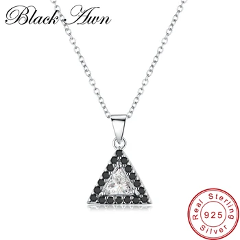 

[BLACK AWN] 925 Sterling Silver Trendy Triangle Black Spinel Stone Necklaces Pendants for Women Fine Jewelry P171