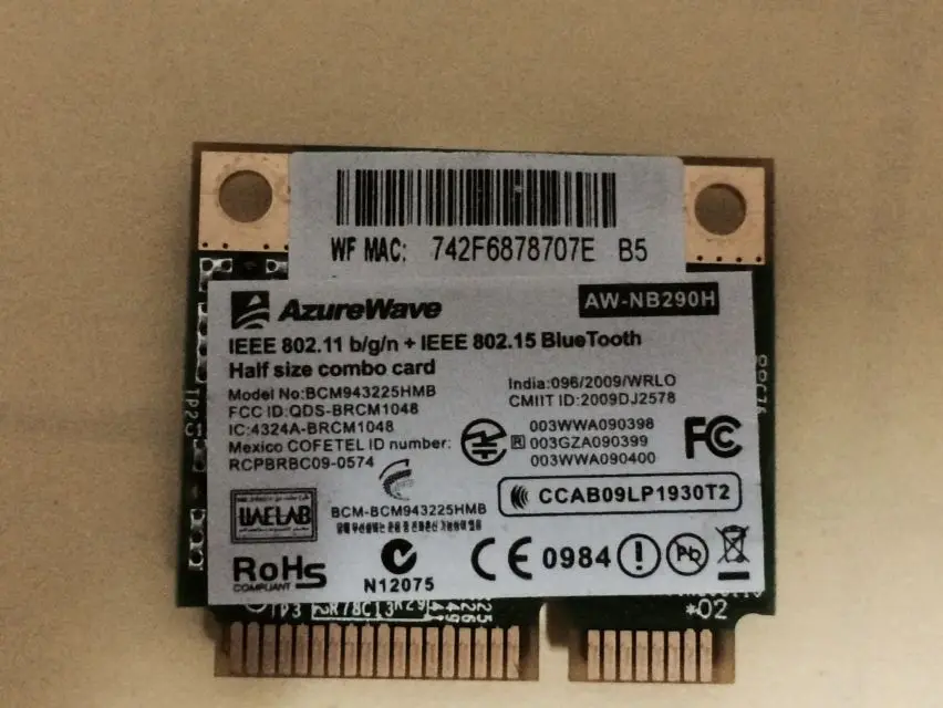 AzureWave AW-NB290 BCM2070 BCM943225HMB 300 Мбит/с 802.11b/g/n Половина мини PCI-Express BT3.0 Wlan Беспроводной Wi-Fi